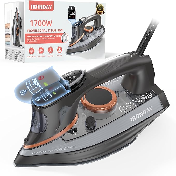 IRONDAY Steam Iron for Clothes with LCD Screen, 1700W Iron Non-Stick Ceramic Soleplate, Auto Shutoff, Self-Cleaning, Anti-Drip, Steam Burst, Spray Mist 10.14oz Water Tank Ironing Clothes for Home,Grey