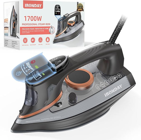 IRONDAY Steam Iron for Clothes with LCD Screen, 1700W Iron Non-Stick Ceramic Soleplate, Auto Shutoff, Self-Cleaning, Anti-Drip, Steam Burst, Spray Mist 10.14oz Water Tank Ironing Clothes for Home,Grey