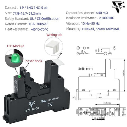 6 Pcs 12 Amp Power Relay Switch 12V DC Relay Coil, 5 Pin SPDT 1NO 1NC with Test Button, LED Module Light, Socket Base, DIN Rail