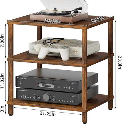 LELELINKY 3-Tier AV Media Player Stand Set of 2, Brown Stereo Cabinet, Wooden TV Stand,Game Console Shelf, Multifunctional Entertainment Center, Suitable for Home, Conference Room, Game Studio