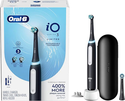 Oral-B iO Deep Clean Rechargeable Electric Toothbrush, Black, iO Series 3 Limited, 2 Brush Heads, Travel Case, Pressure Sensor, 3 Cleaning Settings