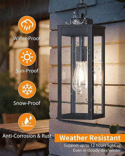 15'' Large Solar Pendant Light Outdoor, Modern Outside Chandelier Outdoor Hanging Lantern, Black with Clear Glass, Exterior Pendant Lighting Fixture Ceiling Mount for Porch, Entryway, Gazebo, 1 Pack