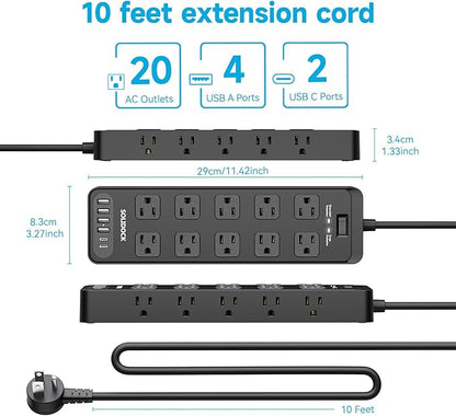 Solidock Power Strip Surge Protector Flat Plug with 20 AC Outlets 6 USB Chagring Ports, 1875W/15A, 2700J, 10 Ft Heavy Duty Extension Cord for Home, Office, Dorm, Gaming,ETL Listed (Black, 10 Feet)