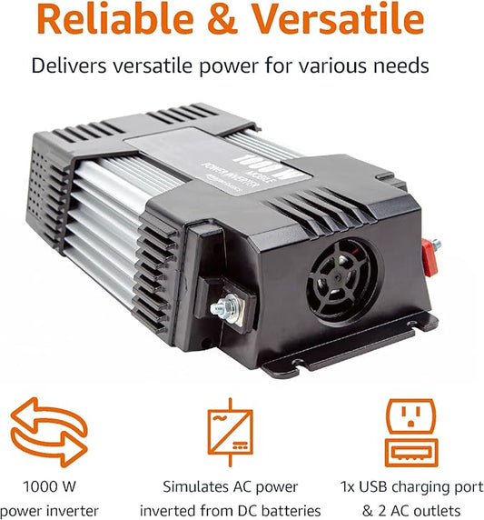 Amazon Basics 1000W Car Power Inverter - 12V to AC 110V, 13.81 x 7.44 x 3.07 inches