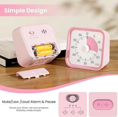 InfPokid Visual Timer for Kids with Pause Function, 60 Minute Countdown Timer for Kids Desk Study, Teaching, Kitchen Cooking, Office Meetings, Time Management for ADHD (Pink)