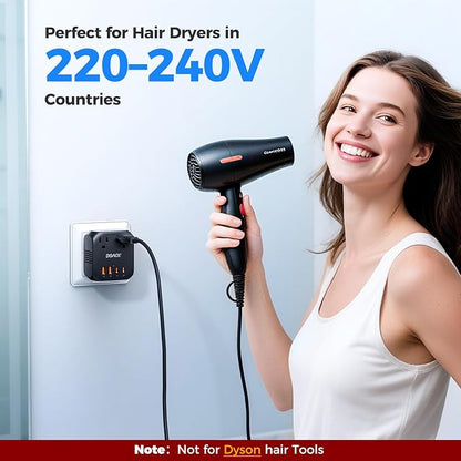 DOACE 220V to 110V Voltage Converter US to Europe - 2000W Converter for European Travel, Power Converter Adapter Combo with 2 PD/QC & UK/AU/US/IT/European Travel Plug Adapters for Hair Dryer Phone