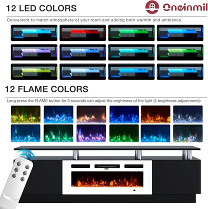 oneinmil Fireplace TV Stand with 36” Electric Fireplace, 80” 2 Tier TV Console Stand for TVs Up to 90", LED Light Entertainment Center, Fireplace for The Living Room TV Stand, Black