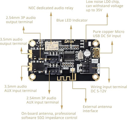 DROK Blue~Tooth Board, 12V Audio Receiver Blue~Tooth Module DC 5V-12V Portable Wire~Less Electronics Stereo Music Receive Circuit Chip with Micro USB Port for Headphone Speaker Home Sound System DIY
