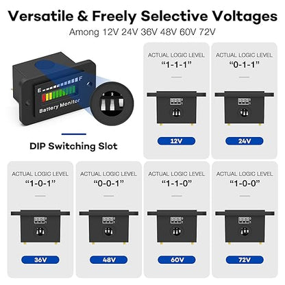 12V 24V 36V 48V 60V 72V LED Battery Monitor Meter Battery Fuel Gauge Indicator ELMCONFIG BM210 Lead-Acid&Lithium ion Battery Tester for Golf CART Yamaha Club CAR EZGO Stacking Machine Motorcycle
