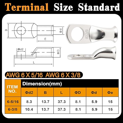 20PCS 6 AWG 5/16 3/8 inch Battery Cable Lugs,6 gauge Tinned Copper Crimp Connector Ring Terminal Wire Ends with 20pcs 3:1 Adhesive Heat Shrink Tubing in Dual-neck bottle
