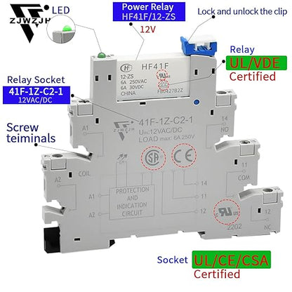 ZJWZJH Miniature Power Relay 12V DC/AC HF41F/12-ZS 5 Pin 1NO 1NC 6A SPDT, Socket Base with LED Indicator 41F-1Z-C2, with DIN Rail, 3Pcs Electromechanical Relays