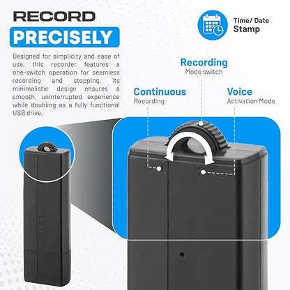 USB Audio Note Device 288-Hour Storage | Hands-Free Audio Capture | Extended Battery Life | Easy File Transfer | Compact Device for Meetings, Lectures & Personal Notes