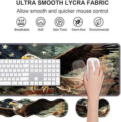 Ergonomic Keyboard Wrist Rest & Mouse Pad Wrist Rest Set,Large Gaming Desk Mat 31.5"x 11.8" with Non-Slip Base,Memory Foam,Easy Typing Pain Relief for Home & Office,Patriotic American Flag Bald Eagle