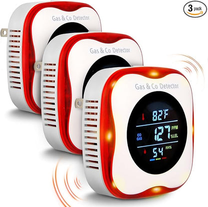 Combustible Gas & CO Detector 4-in-1 – Plug-in Natural/Propane Gas Leak Alarm with Temp & Humidity Sensor, Compact for Home, RV, Kitchen Safety