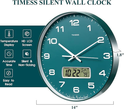 TIMESS Wall Clock, 14" Large Dial Non-Ticking Silent Battery Operated Analog with LCD Display for Perpetual Calendar and F° Temperature, Ideal Modern Home, Bedroom, Kitchen, Office Decor(Green)