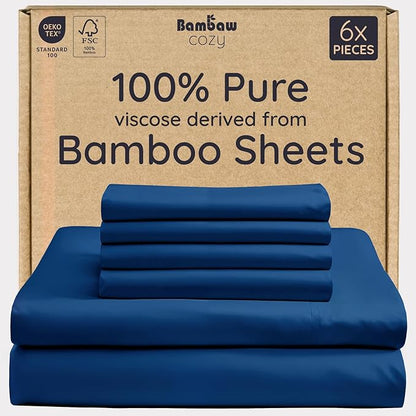 Bambaw King Sheet Set 6pcs – 100% Viscose Derived from Bamboo Sheets, Buttery Soft Bed Sheets, Cooling Sheets for Hot Sleepers, King Bed Sheets with Corner Straps, Fits Up to 16'' (Navy Blue)