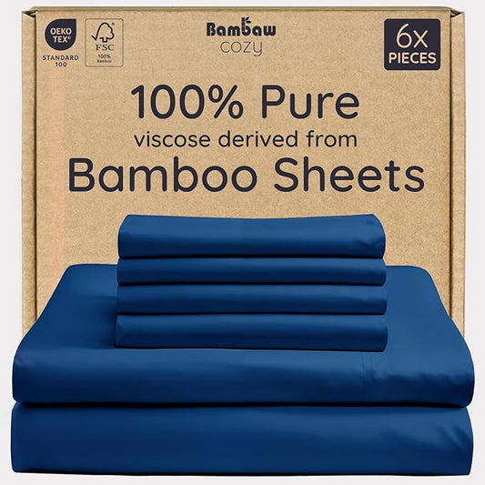 Bambaw King Sheet Set 6pcs – 100% Viscose Derived from Bamboo Sheets, Buttery Soft Bed Sheets, Cooling Sheets for Hot Sleepers, King Bed Sheets with Corner Straps, Fits Up to 16'' (Navy Blue)
