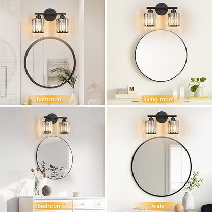FDPBY Modern 2 Light Crystal Vanity Light, Black Vertical Bathroom Light Fixture Over Mirror for Dressing Table Sink, Compatible with Dimmable Bulbs (Bulbs Not Included)