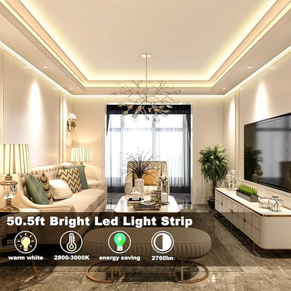 MY BEAUTY LIGHT LED Strip Lights Warm White, 50.5ft Dimmable LED Light Strip with RF Remote, 24v Plug-in Adhesive Rope Lights with Timing Mode for Living Room Bedroom Kitchen