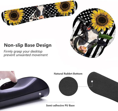 Keyboard Wrist Rest and Mouse Pad Wrist Support Set with Coasters, Ergonomic Gaming Mousepad for Home Office Working Studying Easy Typing & Pain Relief, American Flag Sunflower and Cow