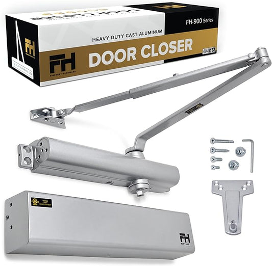 Finsbury Commercial Door Closer Automatic Heavy Duty High Traffic Adjustable ANSI/BHMA Grade 1, UL Listed ADA Compliant Hydraulic Backcheck Delayed Action Latch Speed 1-6 Power (Aluminum)