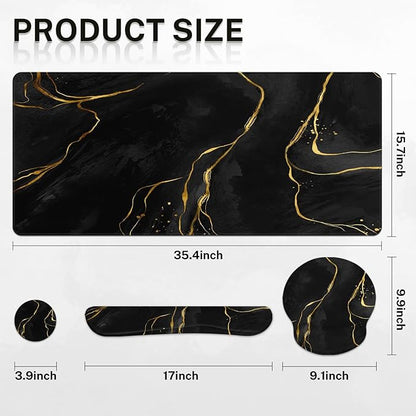 Britimes Black Gold Marble Keyboard Mouse Pad Set 4in1 Large Mousepad+Keyboard Wrist Rest+Mouse Wrist Rest+Coaster Ergonomic Design for Home Office Computer 35.4x15.7 inches