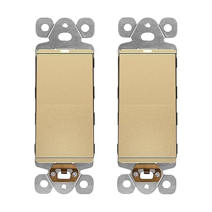 LIDER Minimalist Design Matte Finish Lighted Decorator Switch, Frameless Paddle Light Switch with Locator Light, Grounding Screw, 15A 125V, UL Listed, LS15-1P-GD2P, Gold, 2 Pack