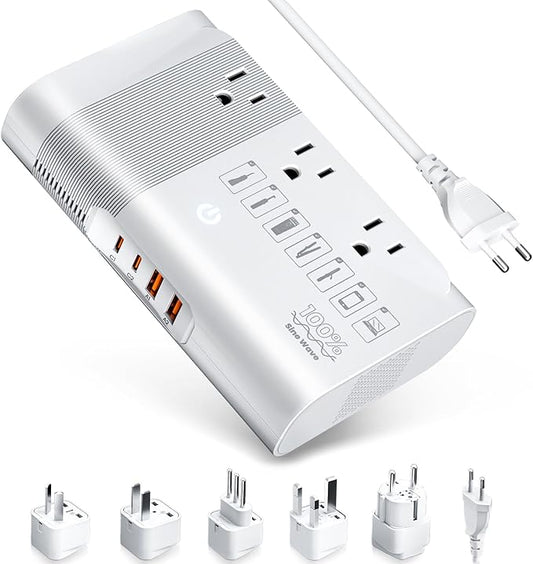 DOACE 220v to 110v Voltage Converter for European Travel: Max 500W Pure Sine Wave Voltage Converter US to Europe - 220 to 110 International Power Adapter Plug Combo Step Down Transformer White