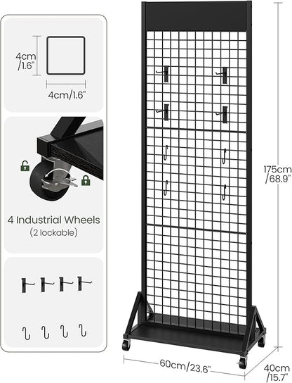CHOEZON Grid Wall Panel, 2’ x 5.7’ Ft Floor Standing Gridwall Display Rack, Retail Display Stand, with 4 S-Shaped Hooks and 4 Garment Hooks, for Entryway, Study, Kitchen, Outdoors, Black TCJ27BB