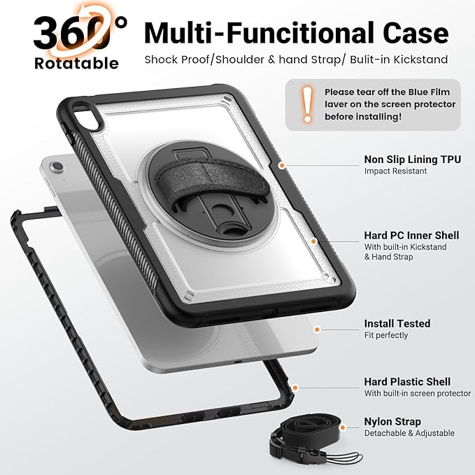 SCSVPN Case for iPad (A16) 11th Generation 11 Inch 2025 / 10th Generation 10.9 Inch 2022, Shockproof Protective Case with Screen Protector, Pencil Holder, Rotating Stand, Hand/Shoulder Strap - Clear