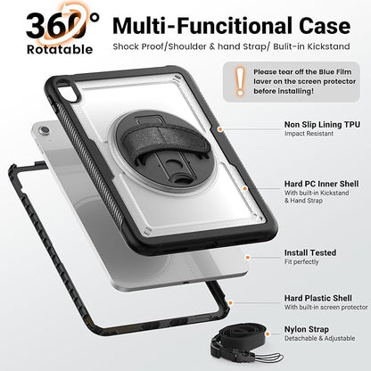 SCSVPN Case for iPad (A16) 11th Generation 11 Inch 2025 / 10th Generation 10.9 Inch 2022, Shockproof Protective Case with Screen Protector, Pencil Holder, Rotating Stand, Hand/Shoulder Strap - Clear