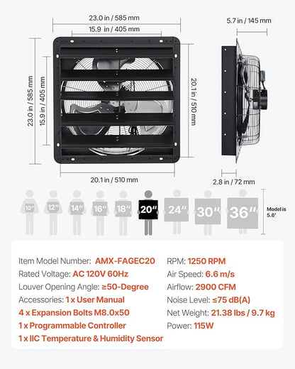 VEVOR 20 inch Shutter Exhaust Fan, Wall Mounted Attic Vent Fan with Smart Programming Variable Speed Temperature Control, 2900 CFM,EC Motor,Timer, for Shed,Garage,Greenhouse Ventilation Cooling,Black