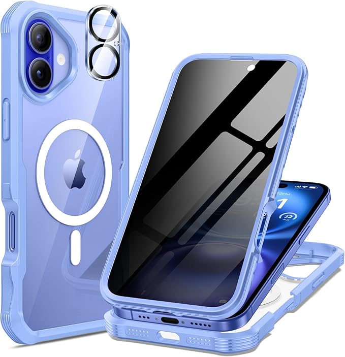 seacosmo for iPhone 16 Plus Case, Full Body Bumper with Built-in 9H Tempered Glass Privacy Screen Protector and Camera Lens Protector, Compatible with MagSafe, Shockproof Phone Cover, 6.7", Light Blue