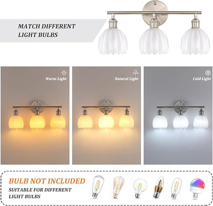 Shenmoyl Bathroom Light Fixtures, 3-Light Vanity Wall Light Over Mirror with White Tulip Glass Shade for Bedroom Living Room (Bulb Not Included), Satin Nickel