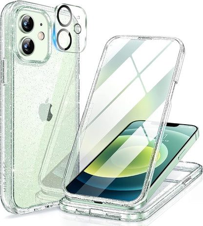 Miracase Glass Series for iPhone 12/12 Pro Case 6.1 inch, Upgraded Full-Body Rugged Phone Bumper Case Cover with Built-in 9H Tempered Glass Screen Protector and Camera Protector, Clear Glitter