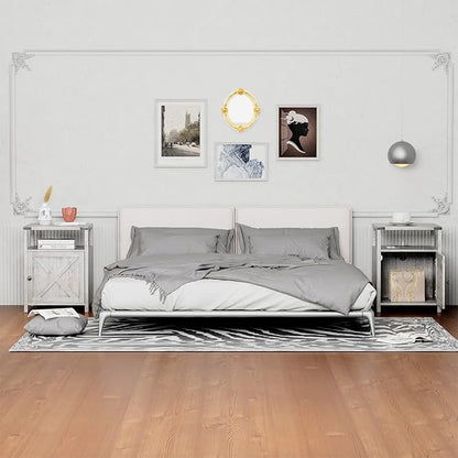 HOSEOKA Farmhouse Nightstand with Charging Station, Grayish White End Table Bedroom with Storage Living Room Side Table Beige Night Stand Industrial Bedside Bed Table with USB Ports and Outlets