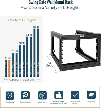 Tecmojo 6U Wall Mount Server Rack Swing Gate, 19in Computer/AV/Data/IT/Media Equipment, Black, Cold Rolled Steel, 24in Depth, Square&Tapped Holes