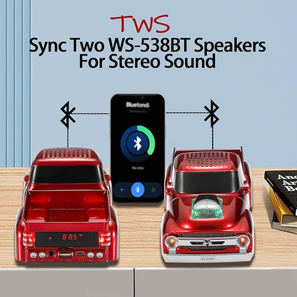 WSTER WS-538 Retro Pickup Truck Bluetooth Replica Speaker – Portable Wireless Car Model Speaker with FM, TWS, LED Party Lights, USB/TF Playback, Built-in Microphone, Type-C, Surprise Gift(Red)
