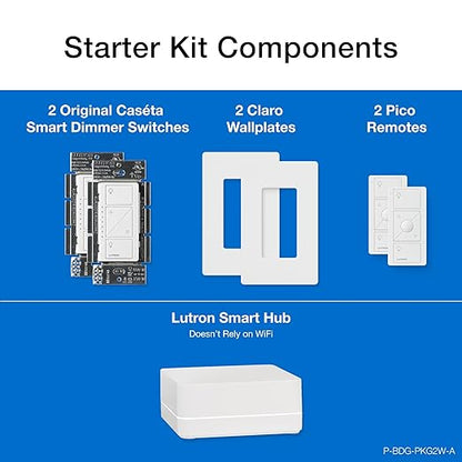 Lutron Caseta Original Smart Dimmer Switch Kit, 2 Dimmer Switches, 2 Wall Plates, 2 Pico Remotes, and Smart Hub, Works with Alexa, Apple Home, Google Home, 3 Way, 150W, No Neutral, P-BDG-PKG2W-A