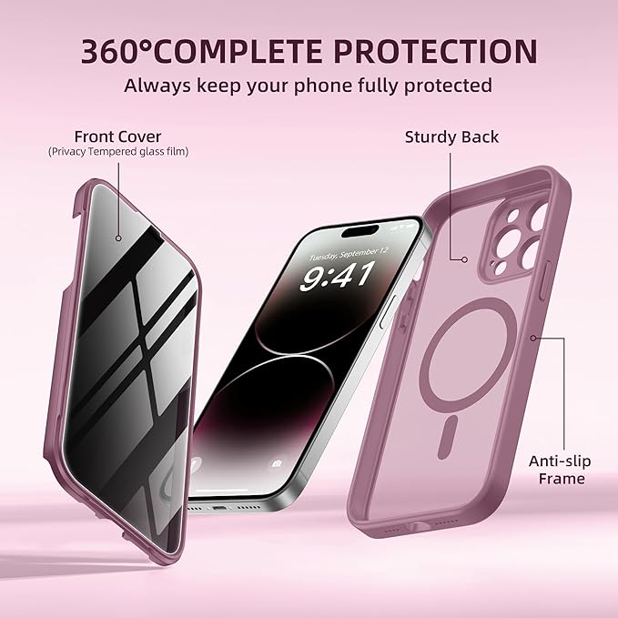 BERFY Magnetic for iPhone 14 Pro Max Case,Compatible with MagSafe,Built-in Privacy Screen Protector and Upgraded Camera Protection,Anti-Spy Full Body Shockproof Phone Case for 14 Pro Max,Palevioletred