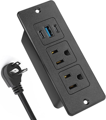 Recessed Power Strip USB, 20W Fast Charging Furniture Outlet - 2 AC & 3 USB (2 USB-C + 1 USB-A) for Desk, Bedside, Drawer, Conference Table - Space-Saving, Easy Install, 6FT Cord, Black