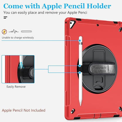 Case for iPad Pro 12.9 2nd Generation 2017& 2015 1st Generation, Heavy Duty Rugged TPU Protective Cover W/Screen Protector- 360° Rotatable Stand + Handle Hand & Shoulder Strap + Pencil Holder- Red