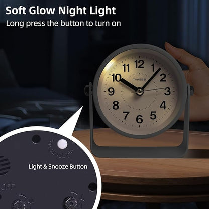 TIMESS Analog Alarm Clock, Silent Non-Ticking Quartz Movement, Battery-Operated with Snooze & On-Demand Light, Easy to Set Gentle Wake Bedside Desk Clock, Ideal for Home, Travel, Office (White)