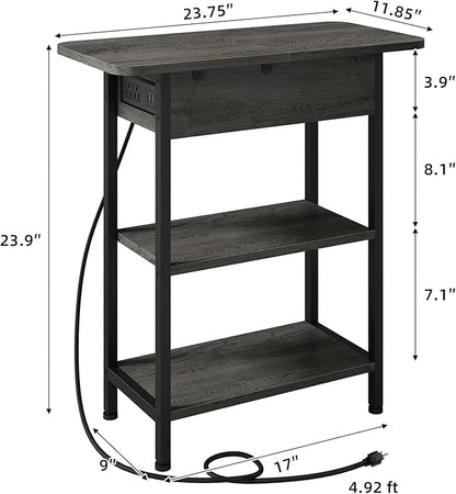 LIDYUK End Table with Charging Station, Flip Top Narrow Side Table for Small Spaces, Nightstands Set of 2 for Bedroom, End Tables Living Room Set of 2 with Storage Shelf, Dark Grey