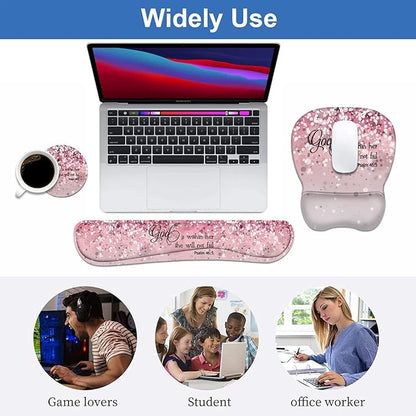 Ergonomic Mouse Pad Wrist Support and Keyboard Wrist Rest Set with Coasters, Non-Slip PU Base, Easy Typing & Pain Relief, Perfect for Home Office Working Studying, Quote Bible Verses Psalm 46:5
