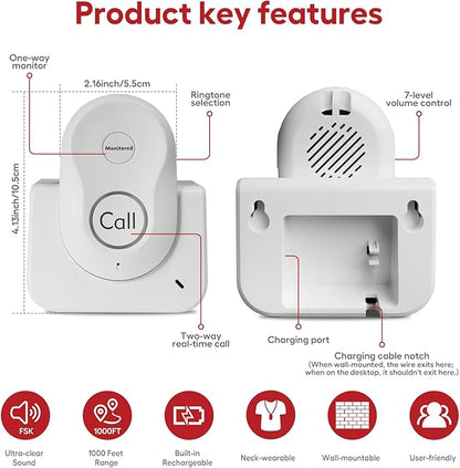 Hosmart Intercoms Wireless for Home, 2024 New Rechargeable Full Duplex Caregiver Pager for Elderly Senior, Two-Way Real-time Talk, Portable Personal Alert, Call/Monitor Button for Home Safety