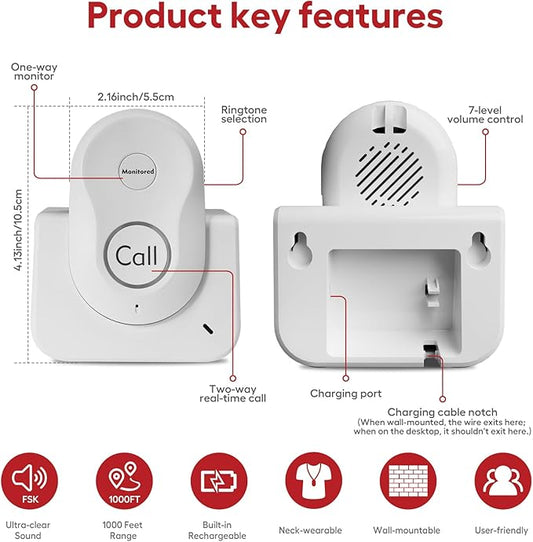 Hosmart Intercoms Wireless for Home, 2024 New Rechargeable Full Duplex Caregiver Pager for Elderly Senior, Two-Way Real-time Talk, Portable Personal Alert, Call/Monitor Button for Home Safety