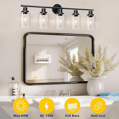 Unicozin Modern Bathroom Light Fixtures, 5 Light Vanity Lights, Black Wall Lamp with Clear Glass for Bathroom, Mirror, Living Room, Bedroom, Hallway, E26 Base