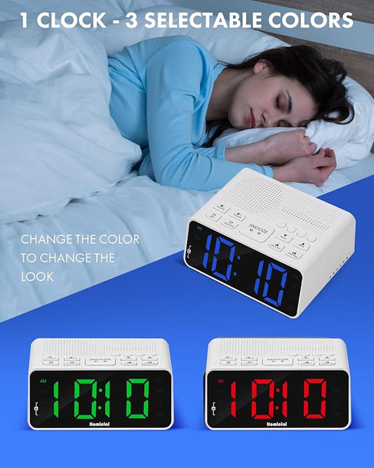 Homicial Digital Alarm Clock Radio with AM/FM Radio, Multi-Colors 1.4” LED Digits, Preset, Sleep Timer and Clear Display with Dimmer for Bedroom Bedside, Outlet Powered with Battery Backup (White)