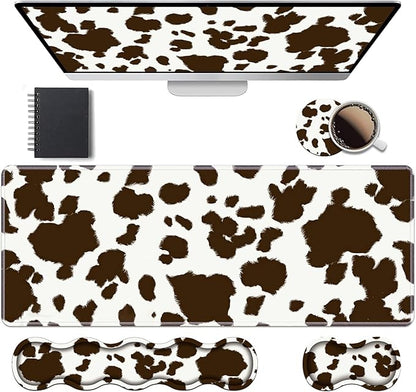 Ergonomic Keyboard Wrist Rest & Mouse Pad Wrist Rest Set, Large XXL Gaming Desk Mat 31.5"x 11.8" with Memory Foam, Easy Typing Pain Relief for Office & Home, Cow Print